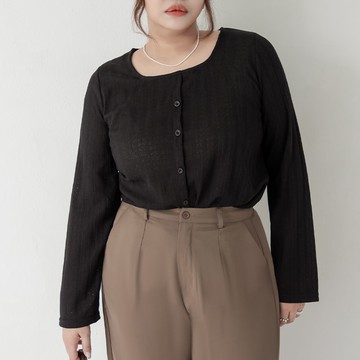 方領假排釦緹花長袖上衣 MISS