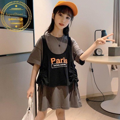 子供服 重ね着風 Tシャツ キッズ 女の子 韓国子供服 綿 半袖 ロング丈