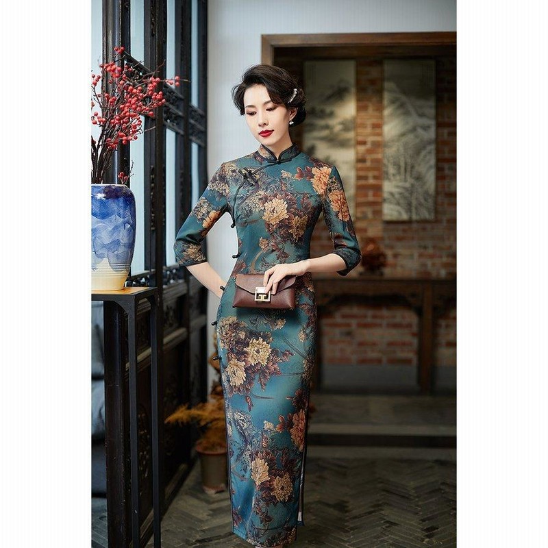 古典 演奏会 チャイナドレス チャイナ服 大きいサイズ 半袖 七分袖 長袖 ロング ロングドレス セクシー 龍鳳柄 梅柄 パーティードレス 披露宴  ハロウ