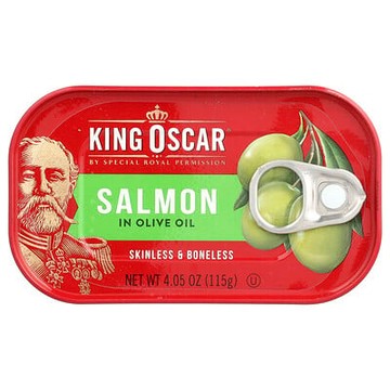 King Oscar, 去皮去骨鮭魚，載于高級初榨橄欖油中，4.05 盎司（115 克）