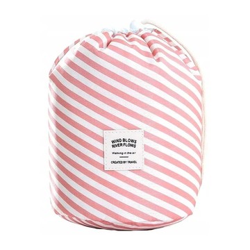 E.City 圓筒化妝包收納袋3件組 旅行化妝包+迷你收納包+PVC收納袋  主體展開15 x 15 x 23cm 迷你拉鍊包13 x 7.5cm PVC收納袋約8 x 20cm  條紋粉