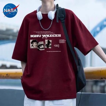NASA酒紅色潮牌t恤男重磅純棉短袖冰感美式高街動漫夏季冰絲半袖