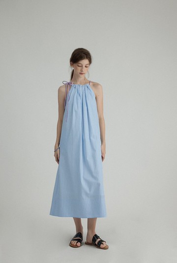 落在肩上的蝴蝶結 天絲亞麻無袖連身裙