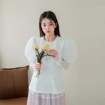 現貨★純色圓領拼接歐根紗澎袖混棉質上衣(共2色)0415 【NR0534】