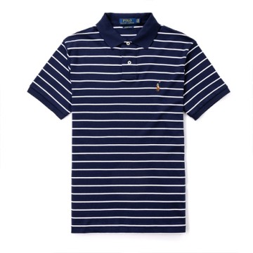 Polo Ralph Lauren 年度熱銷刺繡彩小馬吸濕排汗短袖POLO衫(CUSTOM SLIM)-深藍條紋色