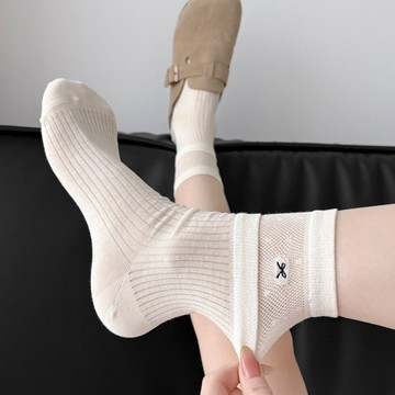 芭蕾風襪子女中筒襪春秋季款棉襪蝴蝶結可愛刺繡白色miu系長襪