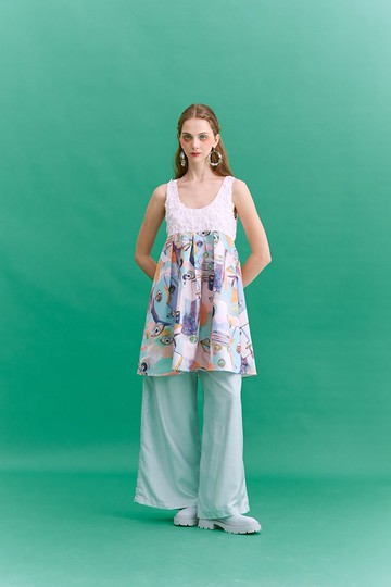 粉紅色流蘇布拼印花圖案背心連身短裙