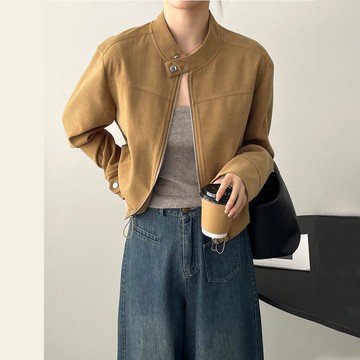 美式復古立領麂皮絨短外套夾克上衣女【82-25-85538-24】ibella 艾貝拉