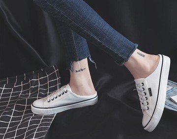 半拖鞋 無后跟帆布鞋女 白色半拖鞋板鞋 百搭布鞋新款學生半托小白鞋 年終鉅惠 可開發票