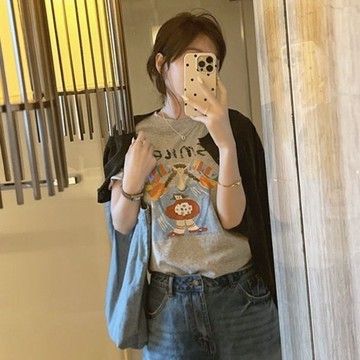 純棉新款T卹設計寬鬆顯瘦上衣卡通印花灰色正肩短袖夏季百搭