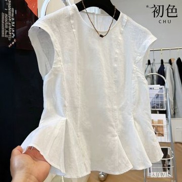 初色 韓系氣質簡約亞麻風荷葉邊下擺圓領馬甲女背心-共2色-13739(M-2XL可選)