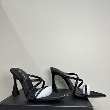 2025夏季新款黑色綢緞交叉水鉆帶尖頭涼鞋性感氣質坡跟御姐高跟鞋