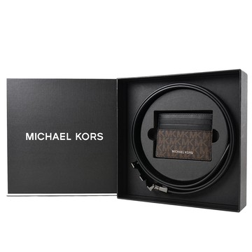 MICHAEL KORS 男款 鐵灰MK緹花LOGO防刮雙面用皮帶名片夾禮盒-咖啡色黑