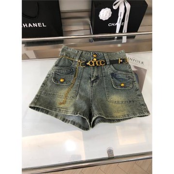 小香風牛仔褲女夏季新款復古字母腰鏈高腰顯瘦百搭A字闊腿短褲子