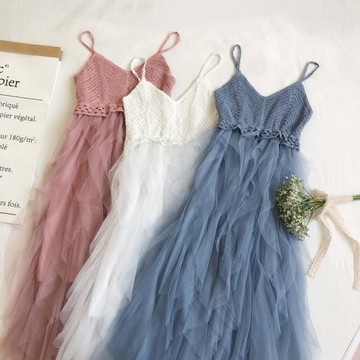 2020春夏新款復古百搭針織V領露背拼接不規則層層網紗蛋糕連衣裙