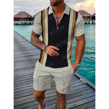 Casual lapel printed short sleeved set休閑翻領印花短袖套裝男