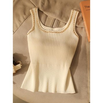 法式純欲小香風針織背心女外穿夏季修身內搭打底手工鏈條吊帶上衣