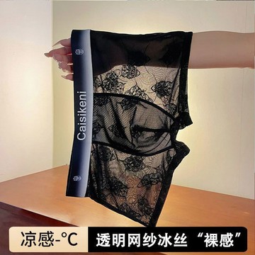 2號倉庫 男生內褲 夏季冰絲內著 性感黑冰絲夏季蕾絲男士內透明輕薄網紗舒適涼感平角四角短褲