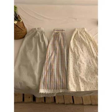 韓版波點條紋蕾絲邊半身裙女秋季2025新款高腰a字顯瘦復古中長裙