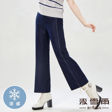 Myvega麥雪爾 涼感白車線牛仔風彈性西裝套裝長寬褲-藍
