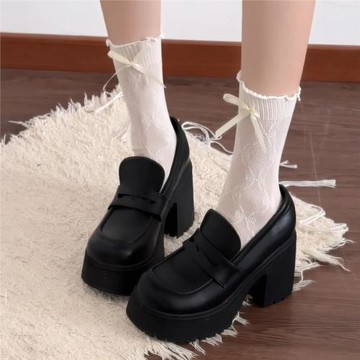 黑色厚底小皮鞋女秋季高跟樂福鞋防水臺松糕瑪麗珍粗跟一腳蹬jk鞋