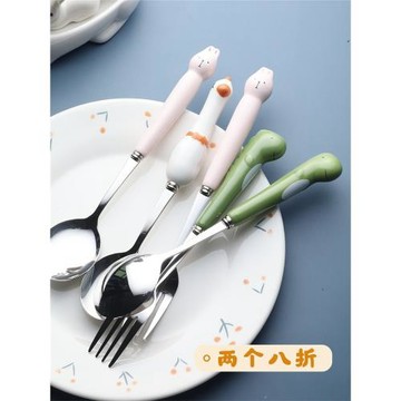 加點樂可愛陶瓷手柄動物叉勺不銹鋼勺子叉子湯勺飯勺兒童餐叉餐勺