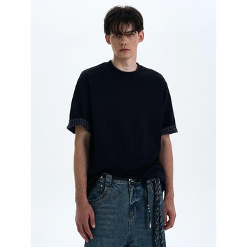 格子撞色拼接設計感男短袖T恤 寬鬆假兩件t恤重磅高級感棉復古潮牌