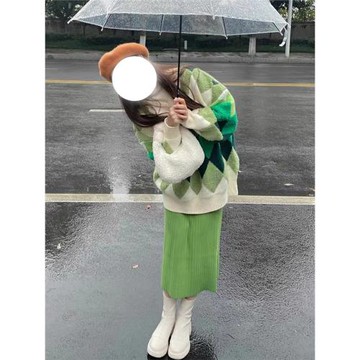 2025新款高腰早秋綠色針織時髦慵懶半身裙冬天配毛衣兩件套裝秋冬