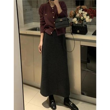 2024秋冬新醋酸綿羊毛加厚毛呢直筒半身裙氣質百搭后開叉呢子長裙