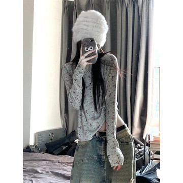 【Nico】240德絨 2*2碎花灰色打底衫女秋冬內搭打底衫修身甜辣妹純欲長袖