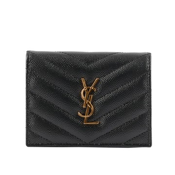 YSL 山形紋魚子醬皮金字二折卡片小短夾(黑色) 668290 BOWA1 1000
