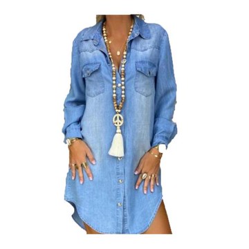 夏季新款POLO領單排扣藍色寬松休閑長袖牛仔襯衫連衣裙短款DRESS