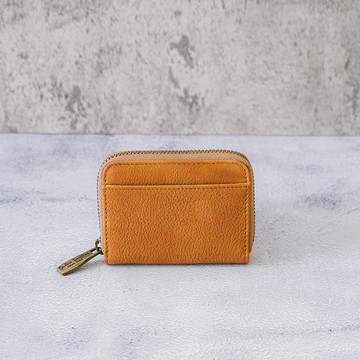 真皮厚實拉鍊短夾 X0087 土黃