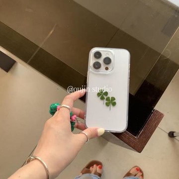ins韓系小眾博主同款清新幸運四葉草韓版高透適用蘋果16promax/15pro/14/13/iphone12手機殼保護套防摔