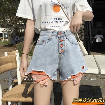【微胖mm夏日穿搭】撞色牛仔短褲女高腰褲子春夏新款韓版時尚破洞毛邊寬鬆寬版短褲女 VK3