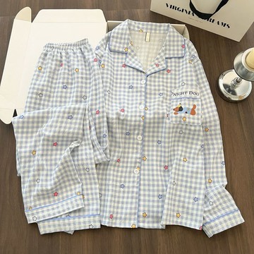 春秋季雲朵棉長袖長褲睡衣套裝 卡通可愛居家服 翻領睡衣 女士家居服 薄款舒適睡衣 開衫睡衣 學生睡衣兩件套 可外穿