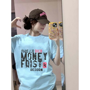 【鹿向南】100%純棉 短袖上衣 女生衣服 美式復古 印花 t恤 落肩上衣 ins 風