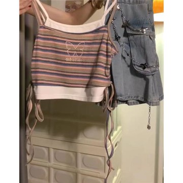 美式條紋假兩件辣妹吊帶背心女修身顯瘦甜美短款純欲風百搭上衣潮