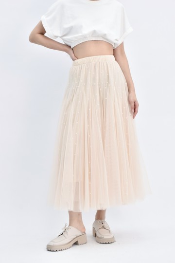 (S) lindarico質感紡紗鬆緊腰杏色長裙