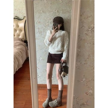 kumikumi溫柔風簡約米白色粗麻花圓領毛衣女冬季百搭氣質休閑上衣