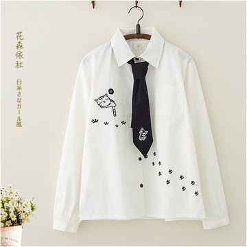 日系學院風秋裝可愛貓咪寬松長袖襯衫女學生少女原宿風領帶襯衣潮