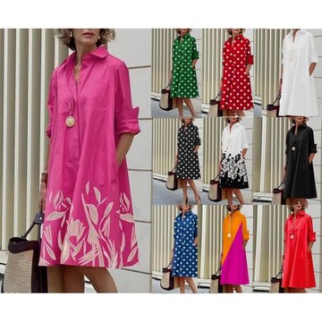 2022年秋季歐美亞馬遜wish速賣通 印花簡約中長連衣裙袖連衣裙