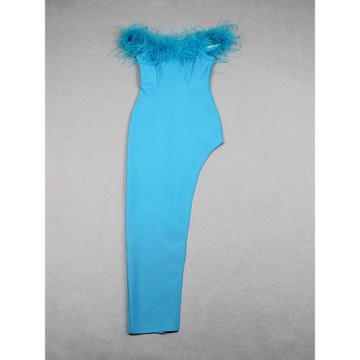 Bandage dress鴕鳥毛一字肩藍色側面開叉性感禮服宴會派對連衣裙