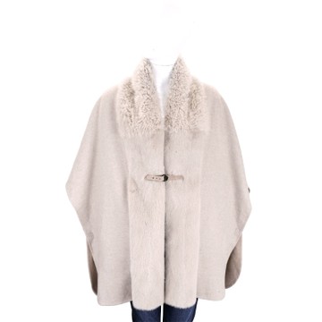 Manzoni 24 卡其色皮草拼接羊毛罩衫(70%WOOL)