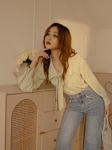 雪紡綁帶打褶長拋袖襯衫上衣