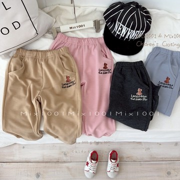 🌈✨mix1001 薄 玩偶小熊刺繡合身縮腳棉褲✨兒童軟料質感小熊縮口褲 5-17