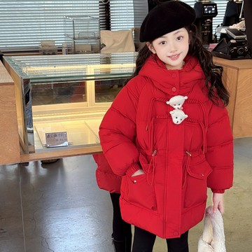 【中小女童】可愛小熊鋪棉加厚連帽防風外套