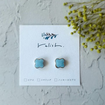 【再次販售】天空藍 美濃燒 磁磚 金繼 小花 耳環/耳夾 無耳洞耳環 淺藍色 淺藍色 金色 金色 禮物 贈禮 母親節