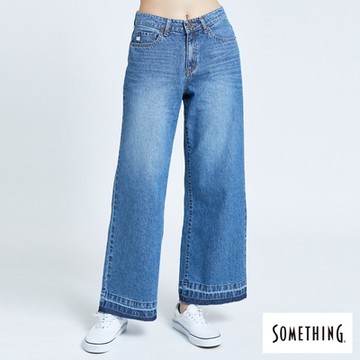 SOMETHING 女裝 NEO FIT抽鬚中直筒牛仔褲-中古藍