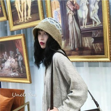 姚叔叔/日本古著童趣vintage風純手工鉤花針織漁夫帽毛線帽子女潮